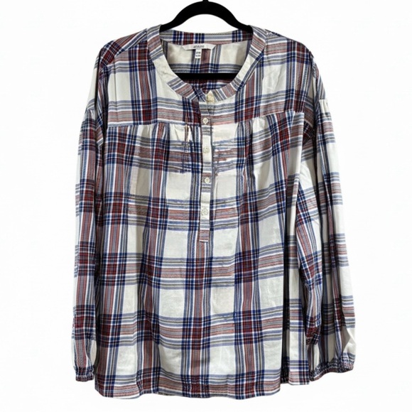 Every Moment Tops - Every Moment Red Blue White Plaid Long Sleeve Popover Blouse Top